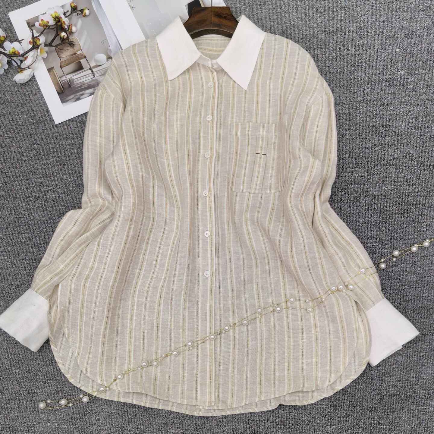 南油26春夏亚麻衬衫女老钱风法式撞色条纹衫宽松中长开衫翻领长袖