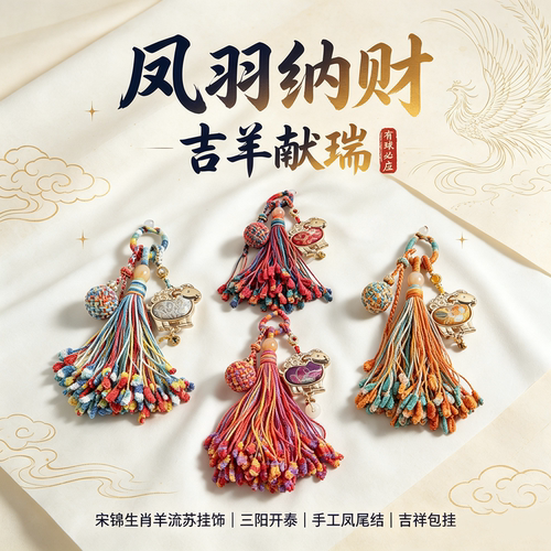 羊年生肖挂饰包花车挂钥匙挂 本命礼物盒寓意好 手工宋锦饰品