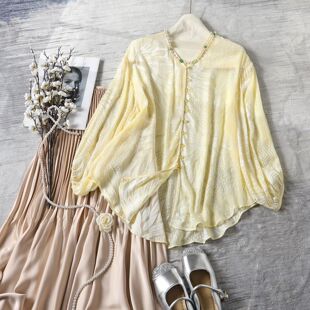 南油设计师款新中式国风真丝剪花宽松薄款上衣女桑蚕丝长袖衬衫女