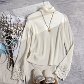 高领镂空钩花袖 毛衣女宽松显瘦百搭针织打底衫 百搭皮肤