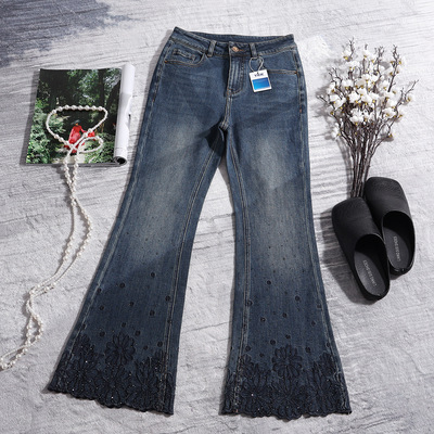 2025秋南油档口高货牛仔裤女时尚潮流重工烫钻显瘦微喇裤弹力修身