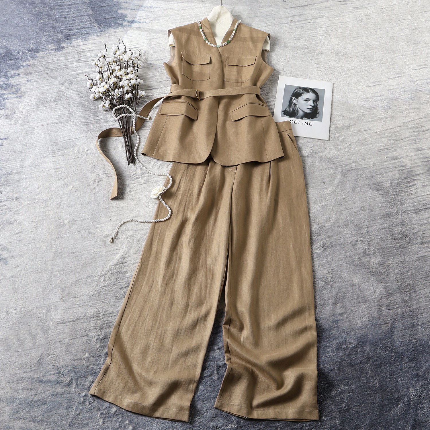 南油设计师款 百搭年经女装亚麻无袖马甲西装裤套装时尚显瘦春夏