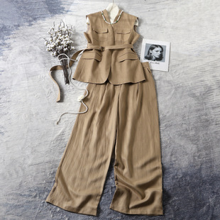 南油设计师款 百搭年经女装亚麻无袖马甲西装裤套装时尚显瘦春夏