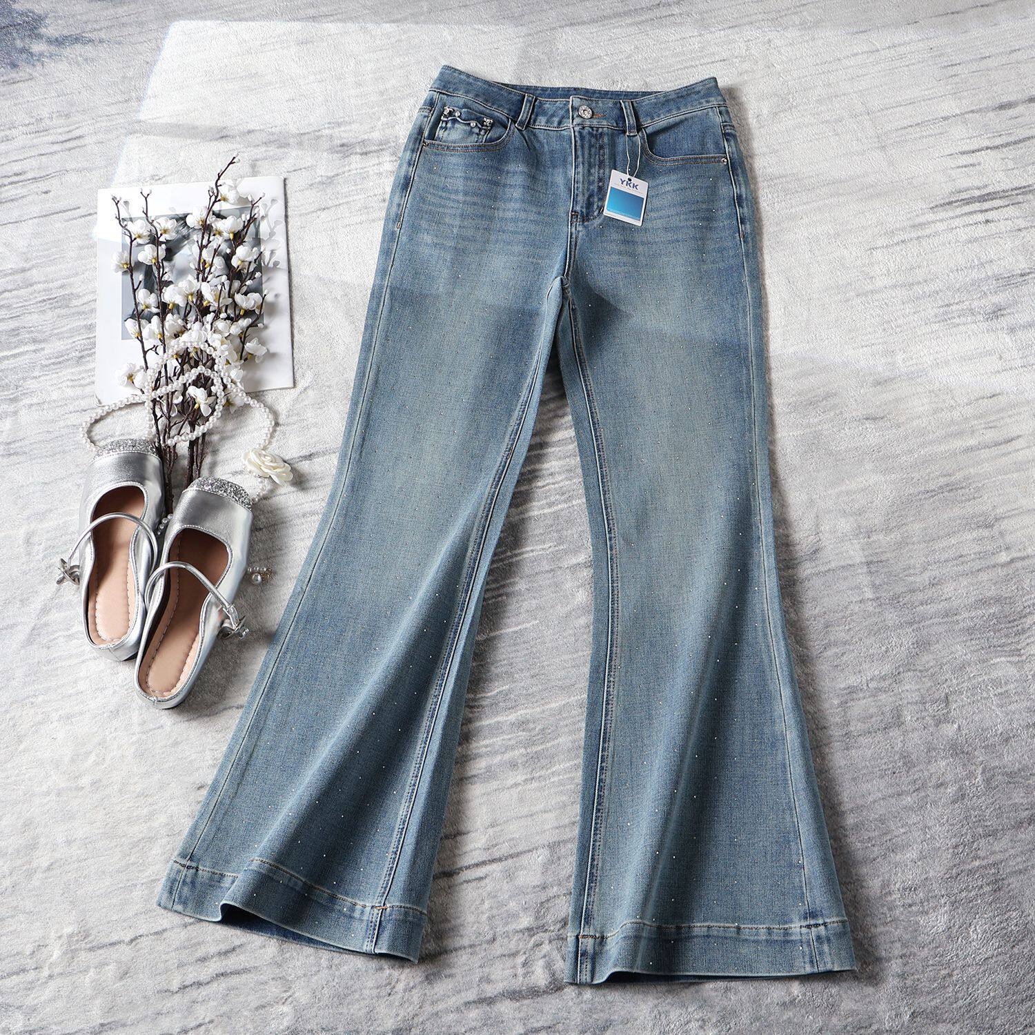 南油女装春夏新款烫钻微喇牛仔裤女高腰显瘦弹力时尚喇叭裤长裤