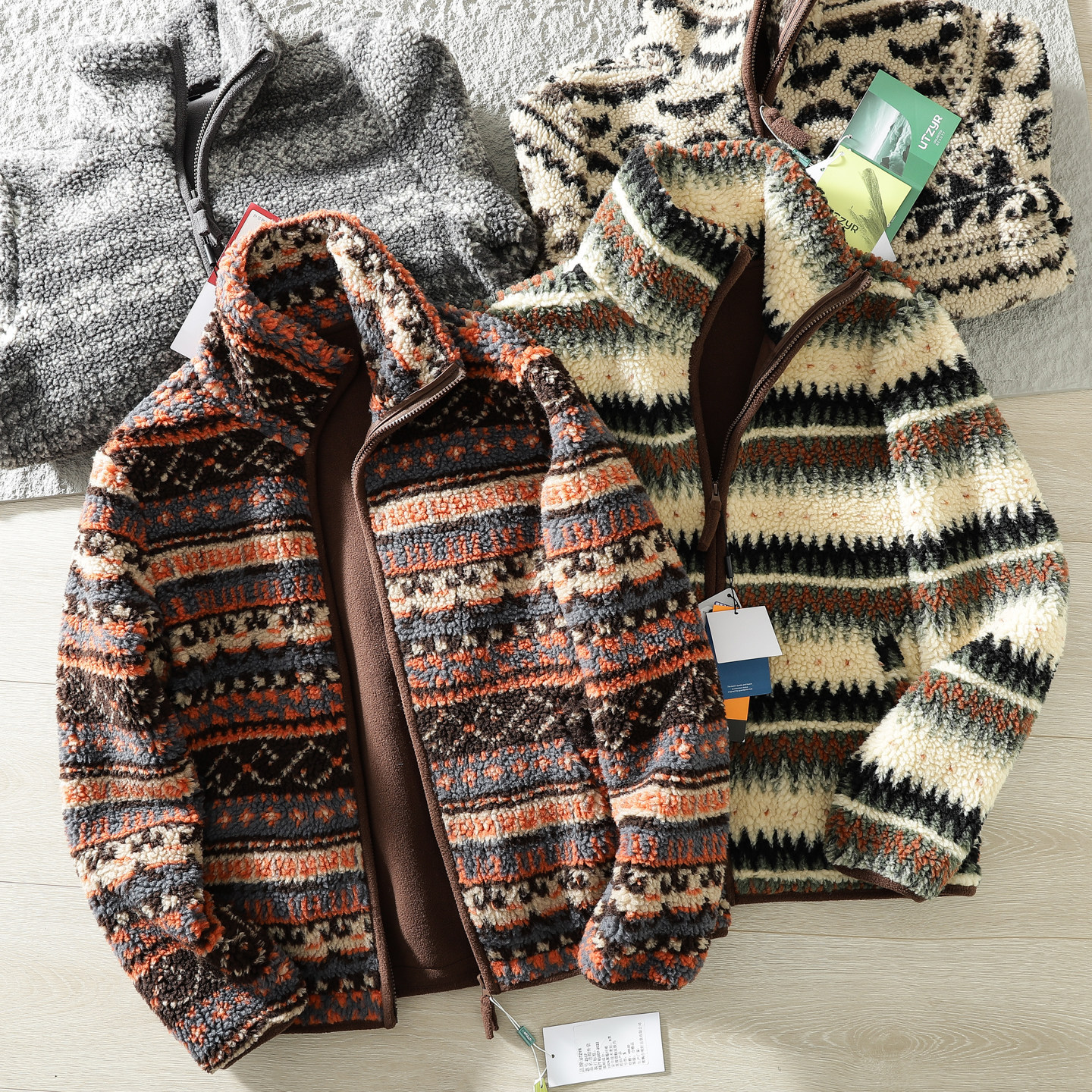 户外山系复古费尔岛羊羔毛西部卷叶纹立领双面摇粒绒保暖夹克外套,男装,夹克,淘宝优惠券,粉丝福利购,淘宝优惠卷