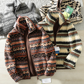 户外山系复古费尔岛羊羔毛西部卷叶纹立领双面摇粒绒保暖夹克外套