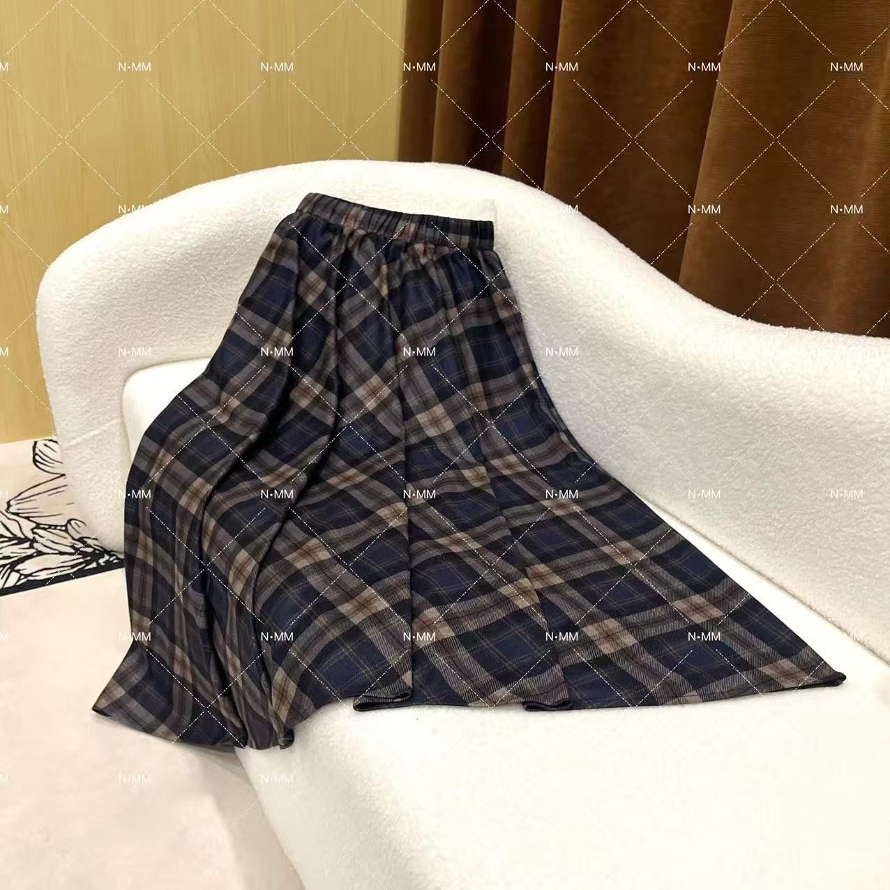 [N.MM]秋冬新款印花潮流显瘦A字半身裙复古格纹中长裙D0059