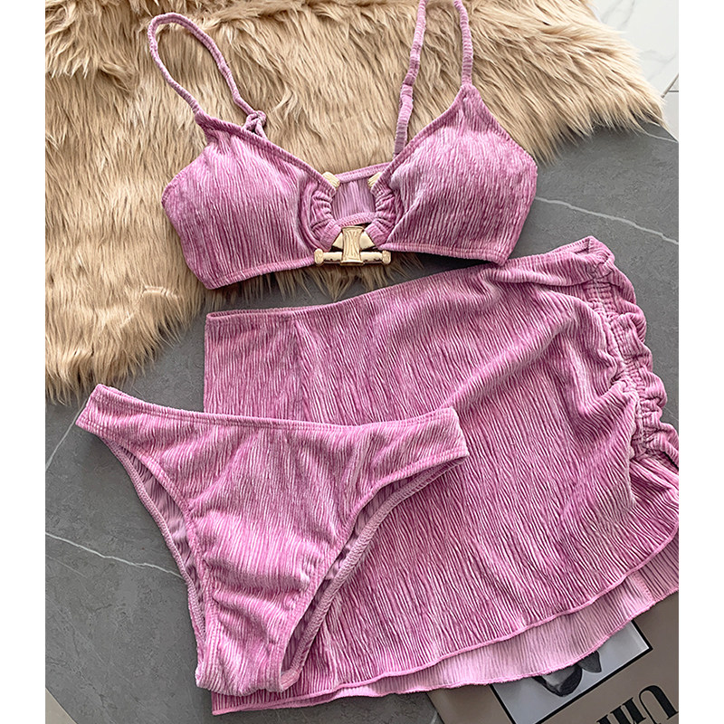 丝绒比基尼三件套泳衣女性感温泉三亚海边度假风显白小胸裙子泳装