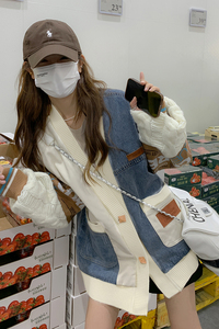 牛仔拼接毛衣开衫女宽松针织袖外套女2C112-CF66-P140-K198图片