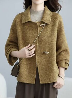 专柜撤柜2025秋冬新款小个子休闲慵懒风设计感名媛灰色毛呢外套女
