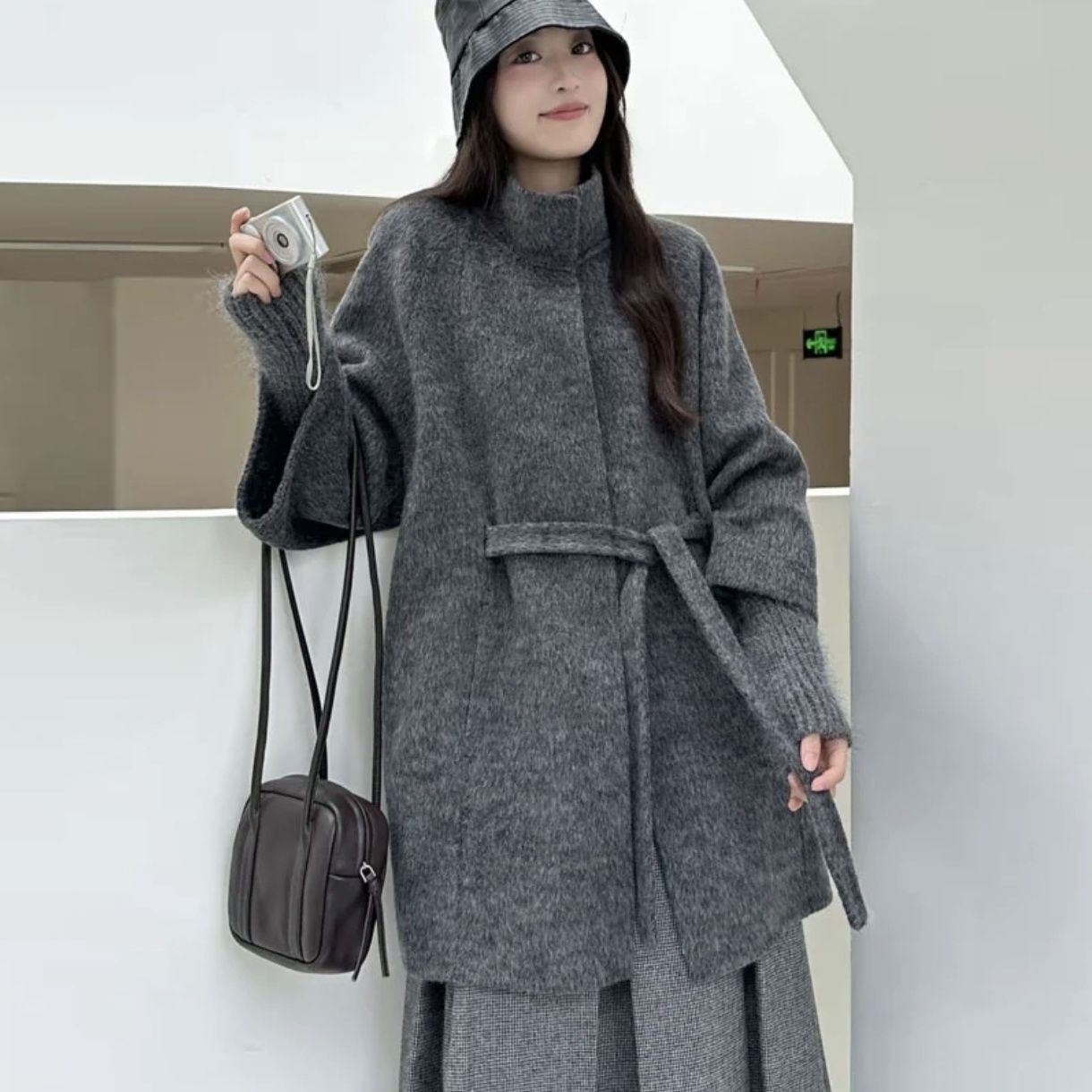 秋冬2025羊毛中长款双面新款宽松系带立领高级气质大衣外套