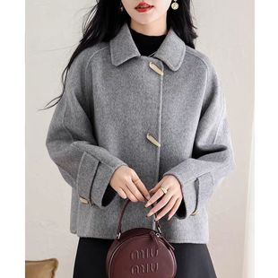 2025新款双面羊绒大衣女短款小个子高端减龄牛角扣羊毛呢外套秋冬