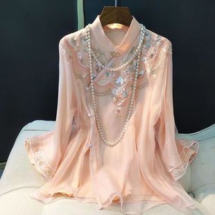 复古中国风盘扣气质汉服潮 雪纺上衣女2024春夏新款 新中式 绣花唐装