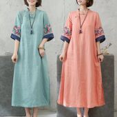 大牌文艺复古宽松大码 棉麻连衣裙女高端茶服民族风盘扣刺绣长裙