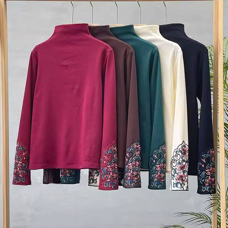 新中式秋复古民族风双面德绒刺绣打底衫半高领修身保暖T恤上衣女