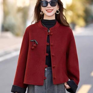 新中式国风双面绒大衣女秋冬短款小个子高级感时尚羊毛呢子外套女