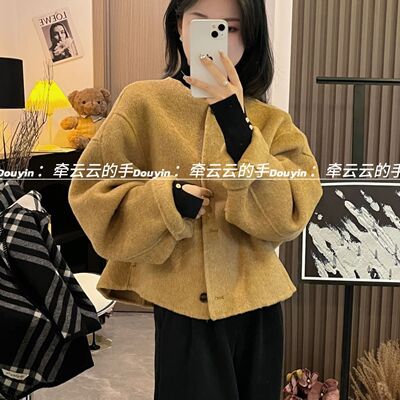 双面羊绒大衣女短款2025秋冬新款韩版圆领单排扣小香风羊毛呢外套