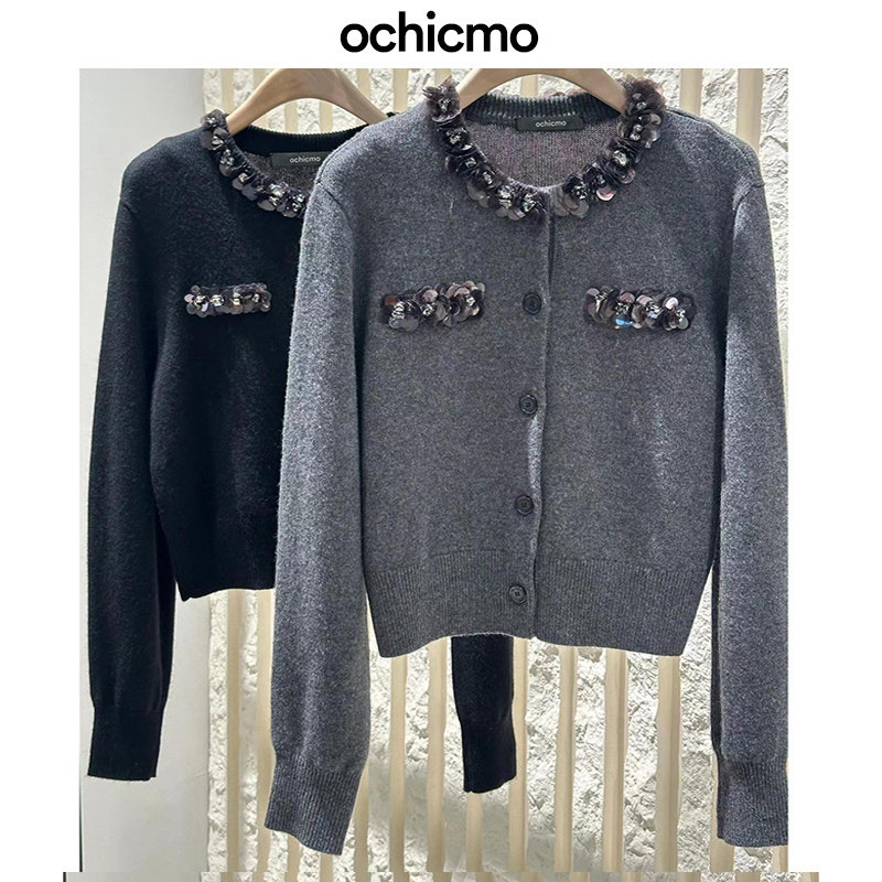 【绵羊毛x山羊绒】欧可摩全手工珠片绣钉钻针织衫开衫2024冬新品