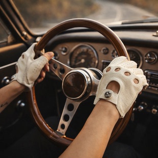 复古鹿皮真皮半指手套赛车男女士摩托机车骑行开汽车驾驶手套透气