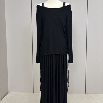 炜思夏季新款蕾丝吊带背心长袖一字领上衣高腰休闲百褶半身裙套装