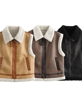 欧美跨境女装时尚三色皮毛一体马甲背心冬季欧美A14084黑色