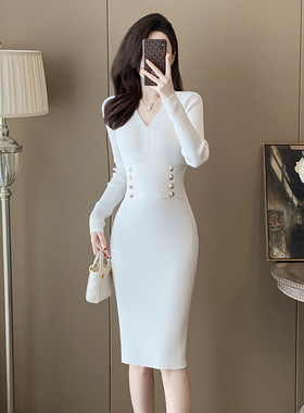 名媛风长款过膝白色冰丝针织连衣裙女2024春季新款修身包臀裙子潮