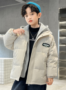 男童假两件棉衣冬季加厚2025新款中大童男孩帅气冬装羽绒棉服外套