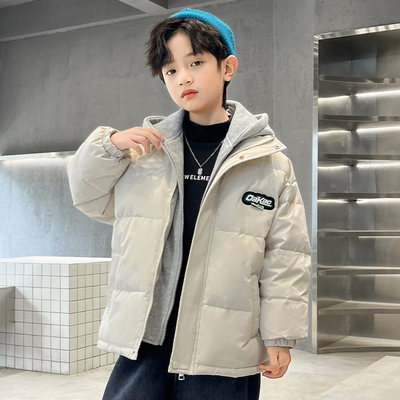 男童假两件棉衣冬季加厚2025新款中大童男孩帅气冬装羽绒棉服外套