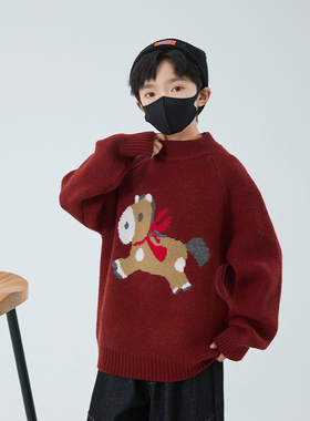 男童红色毛衣2026新款儿童本命年线衣男孩马年打底针织衫拜年服潮