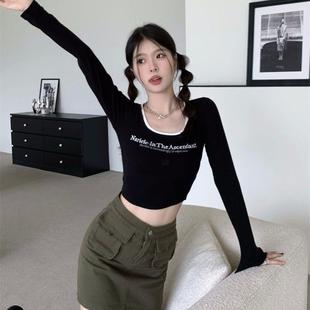 上衣 螺纹正肩长袖 T恤女纯色显瘦方领打底衫 早秋辣妹美式 露脐短款