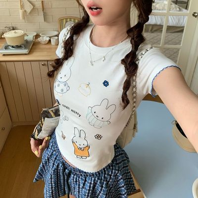 卡通印花圆领白色正肩短袖t恤女