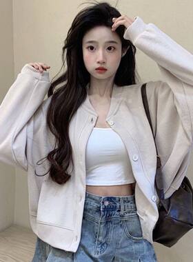 设计感小众灰色圆领卫衣外套女