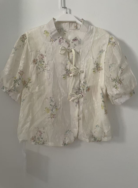 DIGM 2025新款新中式上衣女夏季绝美泡泡袖衬衣盘扣印花短袖衬