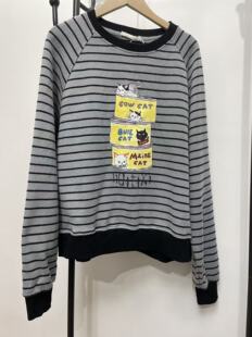新款韩版百搭圆领条纹卡通罐头猫咪卫衣女款上衣