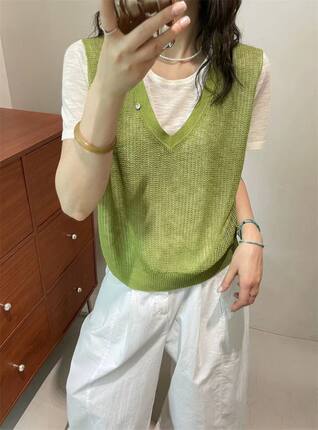 72085夏薄料短袖针织衫V领上衣假两件百搭显瘦半袖宽松显瘦毛衣女