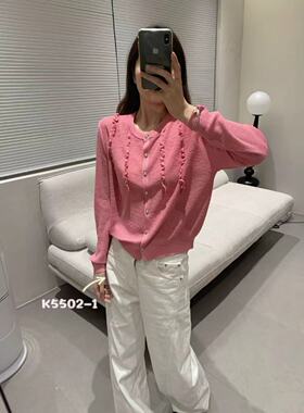 5502春夏木耳边针织开衫女圆领长袖薄毛衣外套宽松显瘦百搭上衣潮