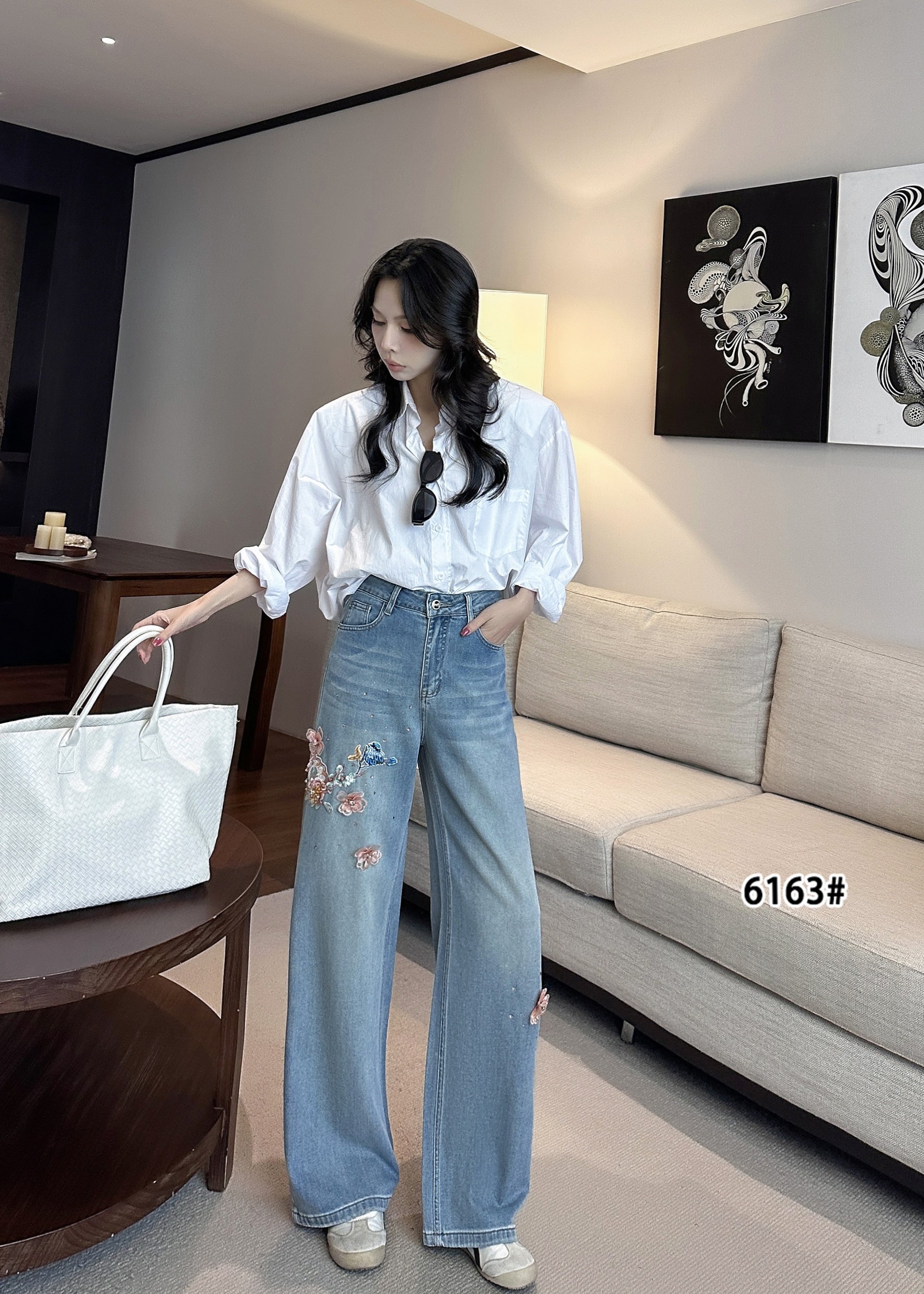 6163春款烫钻牛仔裤重工艺粉花小鸟直筒裤高腰弹力显瘦浅色女裤子,女装/女士精品,牛仔裤,淘宝优惠券,粉丝福利购,淘宝优惠卷