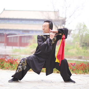 马蕾太极中长款服春夏季武术服男黑色晨练练功服表演服女比赛服装