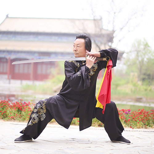 马蕾太极中长款服春夏季武术服男黑色晨练练功服表演服女比赛服装