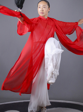 马蕾太极夏季新款太极表演服女式练功晨练服红色纱衣飘逸透气定制