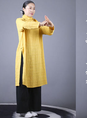 马蕾太极夏季纯棉女式休闲练功服中袖时尚晨练服黄色偏襟吸汗定做