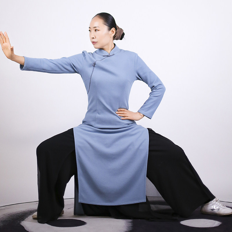 马蕾太极春秋款女式休闲练功服蓝色晨练练功服黑色旗袍太极服定制