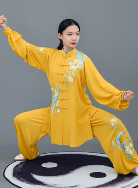 马蕾太极新款黄色女式太极服武术练功服男款秋表演服表演刺绣昙花