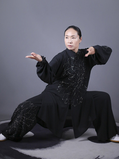 马蕾太极春夏中长款练功晨练服女式太极表演服男飘逸透气烫钻莲花
