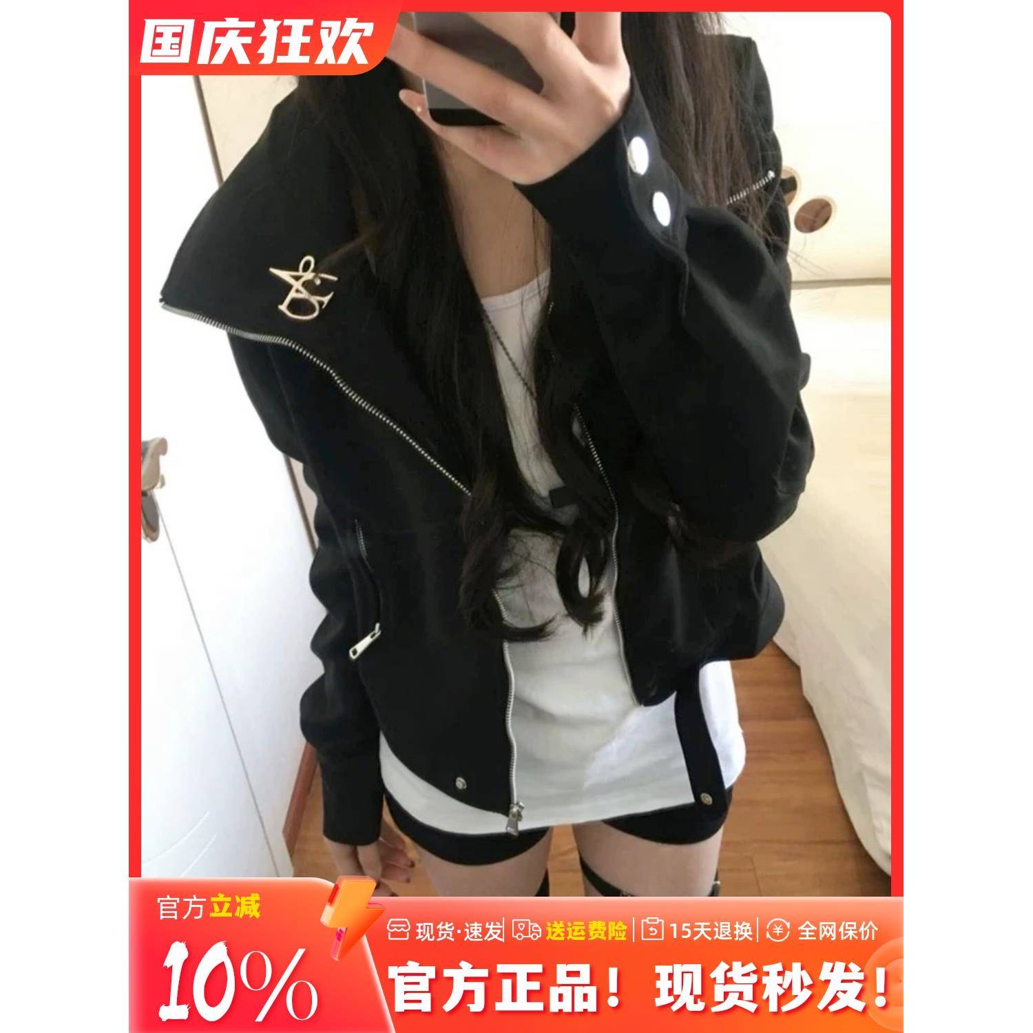 秋季美式复古早秋洋气黑色短款翻领麂皮外套女款春小个子夹克春秋