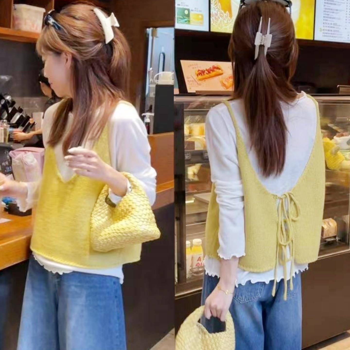 设计感后背绑带针织马甲长袖t恤两件套女2025新款早秋季宽松上衣