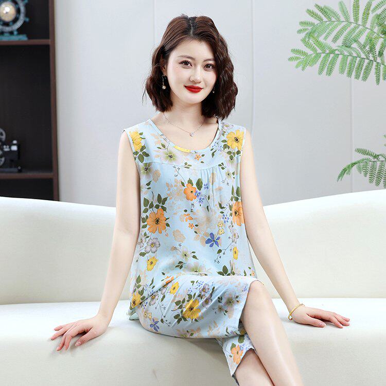 新品睡衣妈妈夏装无袖背心套装女士薄款人造棉家居服两件套可外穿