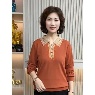 新款 打底小衫 时尚 气质显瘦翻领烫钻长袖 洋气上衣女 妈妈装 2025秋季
