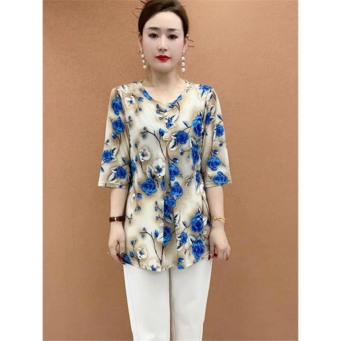 胖妈妈夏季新款短袖T恤中老年女装时尚洋气加肥大码显瘦小衫上衣
