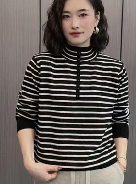 妈妈针织衫黑色显瘦高级感条纹毛衣秋冬25年新款时尚线衣打底衫女